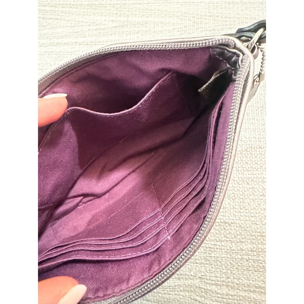 Coach Signature Wristlet Black Pewter Metallic Leather Trim Purple Lining